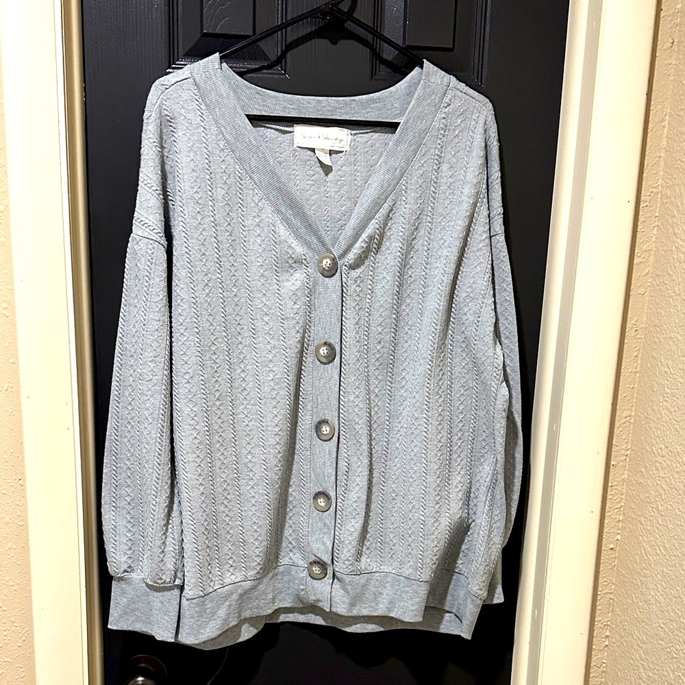 French Laundry, Light Gray Cardigan with textured accent and oversized buttons.